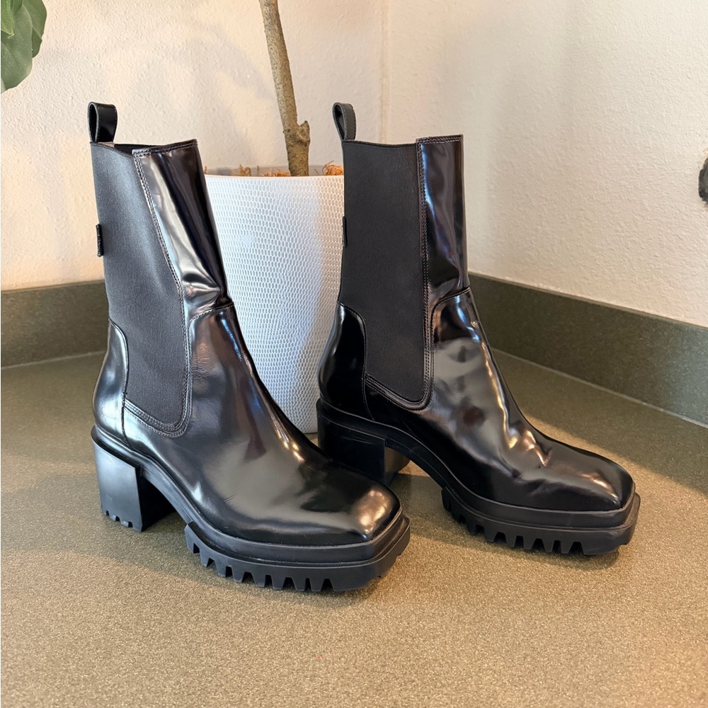 AllSAINTS SKARLET SQUARE TOE STRETCH BLOCK HEEL ANKLE BOOTS